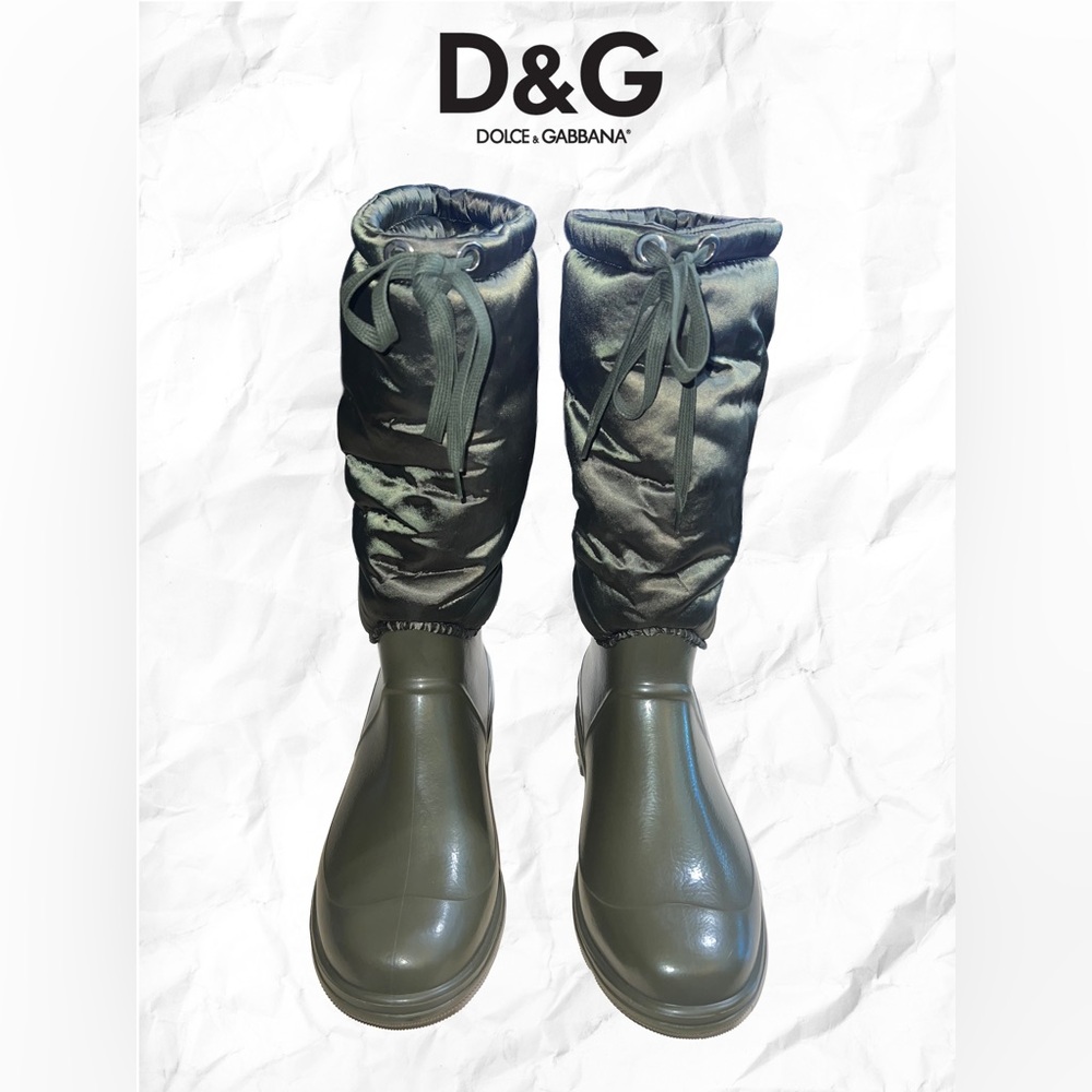 D&G Dolce & Gabbana Khaki Rubber and Nylon Wellington Rain Boots